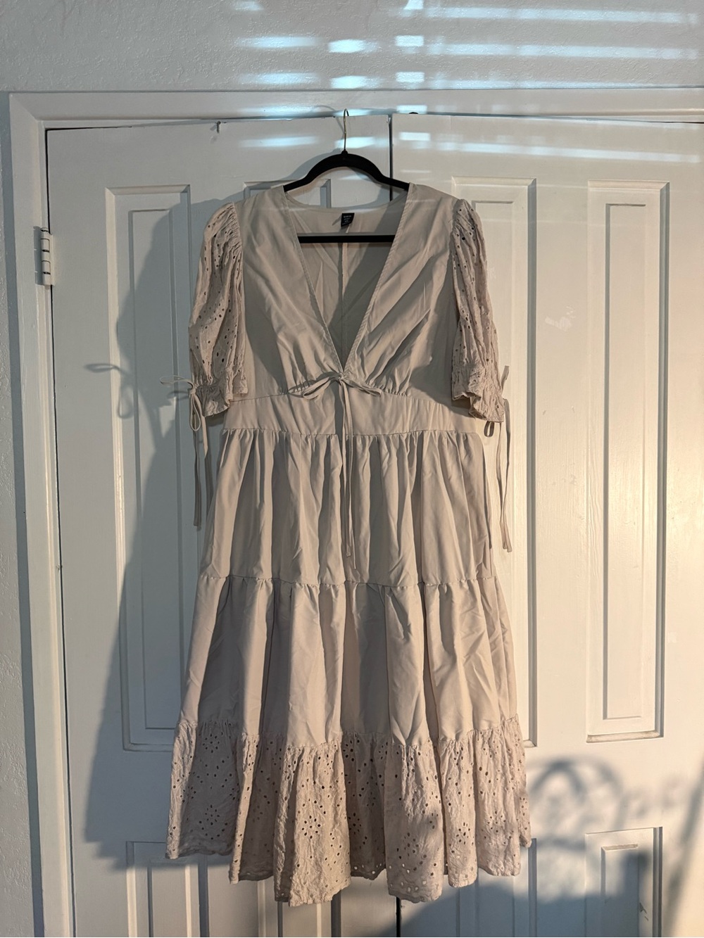SHEIN Cream Eyelet Tiered Midi Dress